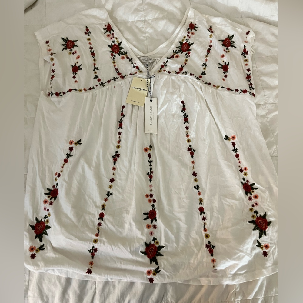 Lucky Brand White Top with Red Floral Details